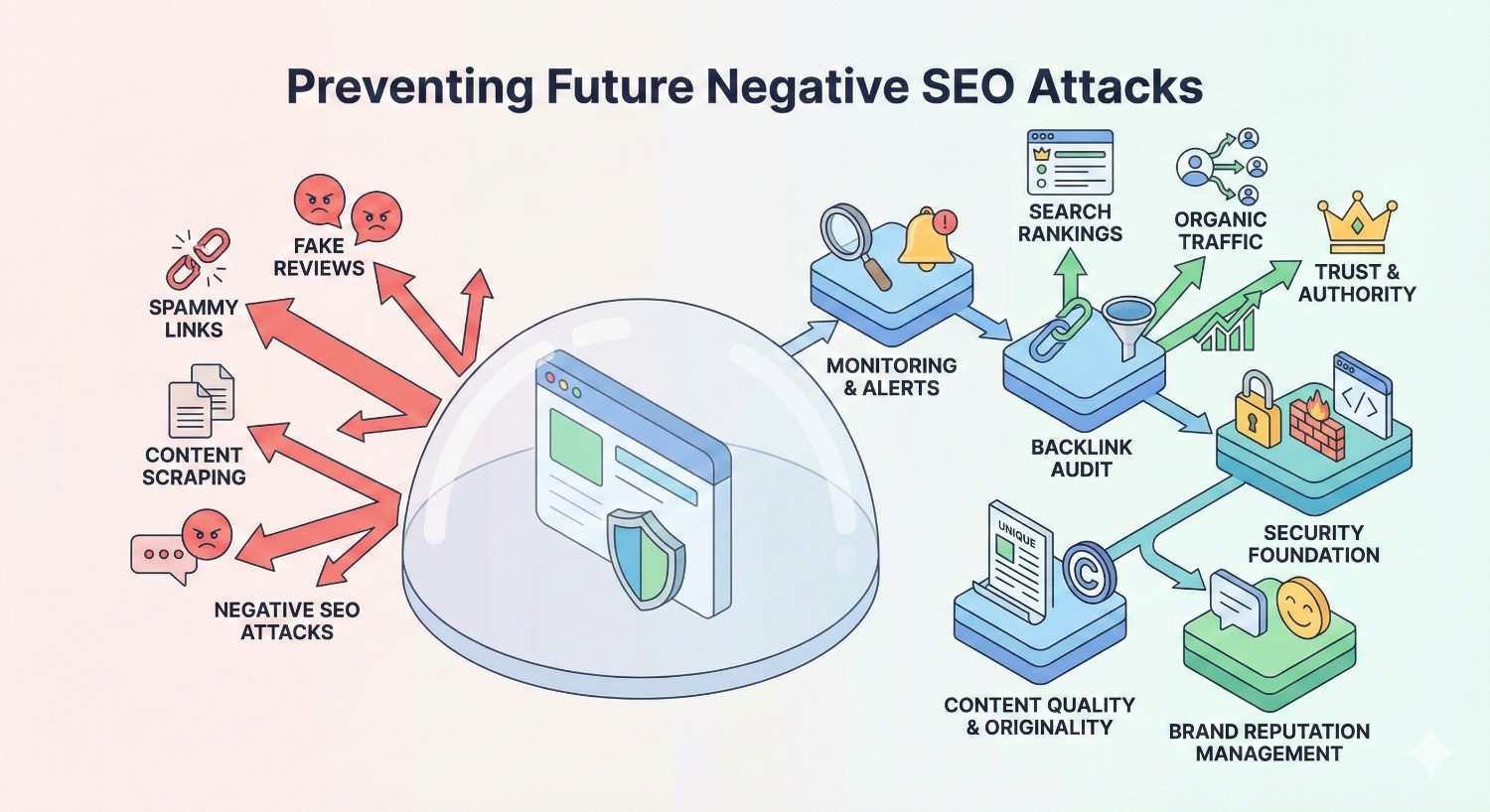 Infographic titled “Preventing Future Negative SEO Attacks” showing a website protected by a shield dome from spam links, fake reviews, scraping, and attacks, alongside strategies like monitoring alerts, backlink audits, content quality, security foundations, and brand reputation to grow rankings and trust.
