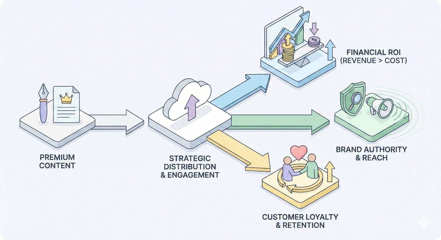 Infographic showing premium content flowing into strategic distribution and engagement, then branching toward financial ROI, brand authority and reach, and customer loyalty and retention, illustrated with arrows, charts, coins, shields, and handshake icons.