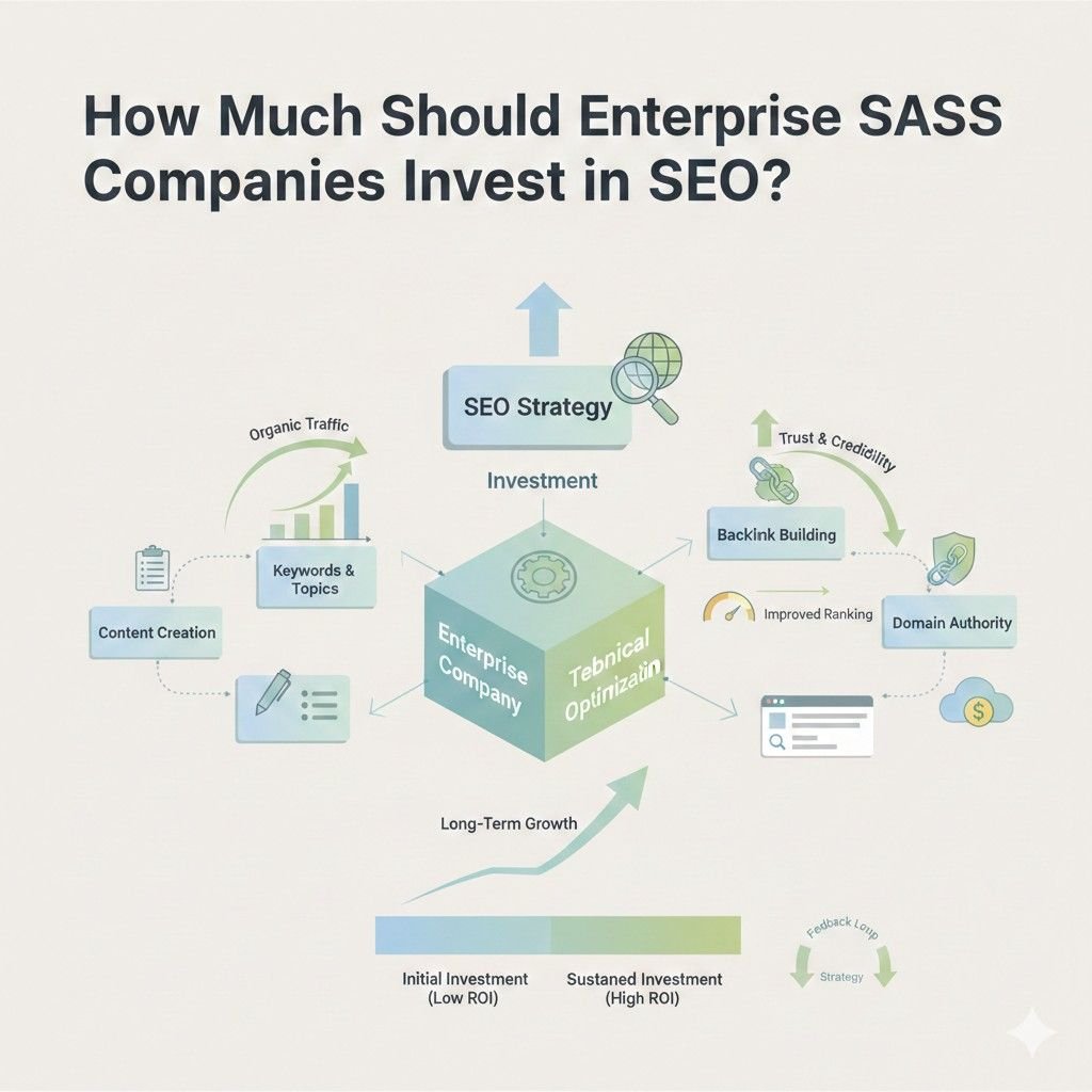 Infographic explaining how much enterprise SaaS companies invest in SEO. It shows SEO strategy, content creation, keyword targeting, technical optimization, and backlink building, progressing from initial investment with low ROI to sustained investment driving long-term growth, higher rankings, trust, and domain authority.