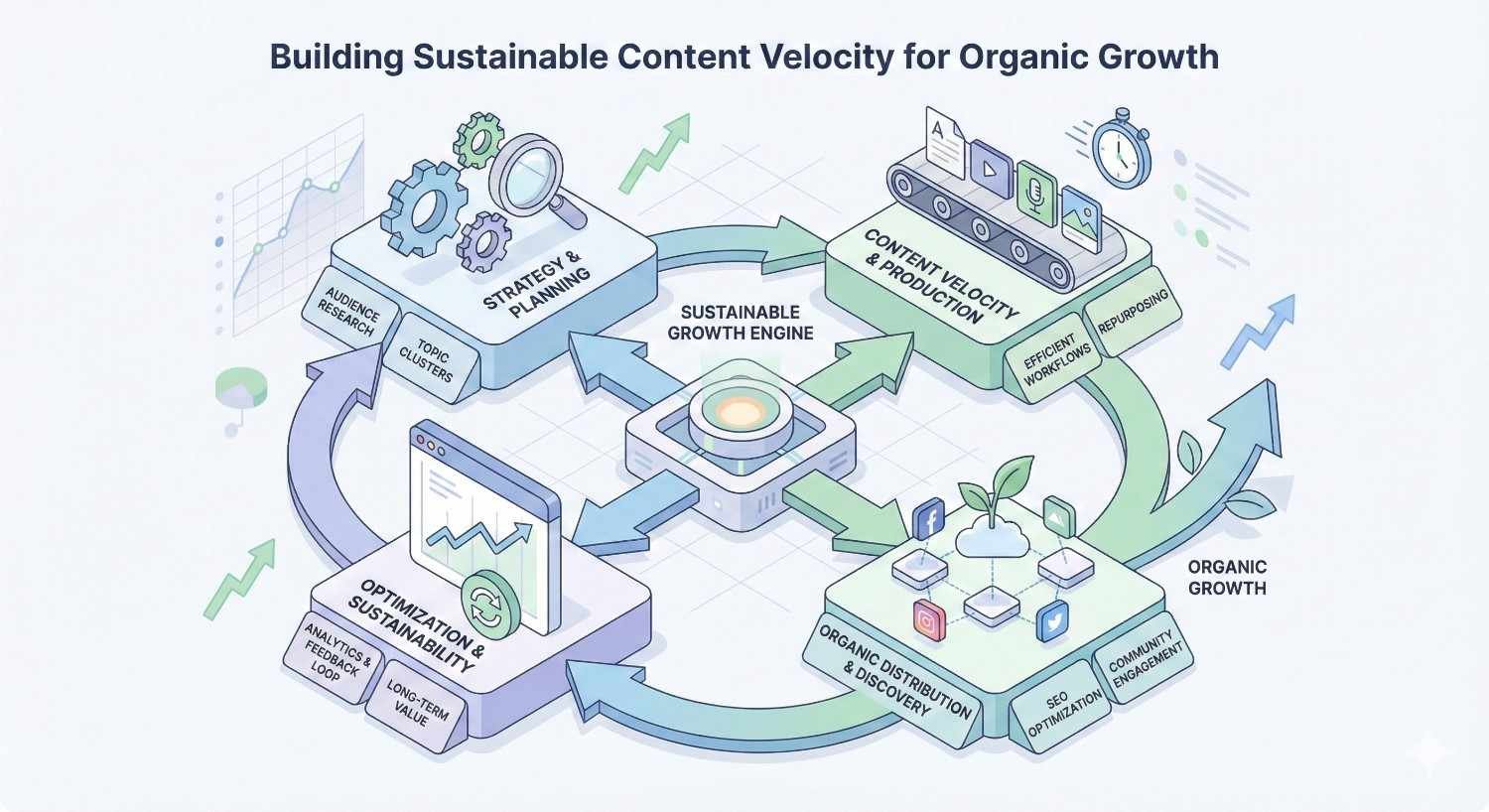An illustrated diagram titled “Building Sustainable Content Velocity for Organic Growth” shows a circular system linking strategy and planning, content velocity and production, organic distribution and discovery, and optimization and sustainability, all feeding a central growth engine with arrows, charts, gears, and social icons.