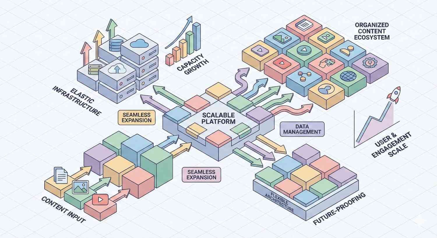 Illustration of a scalable digital platform connecting content input, elastic infrastructure, data management, and organized content ecosystem. Arrows show seamless expansion, capacity growth, flexible architecture, future-proofing, and increased user engagement, highlighting system scalability and structured content management for sustainable growth.