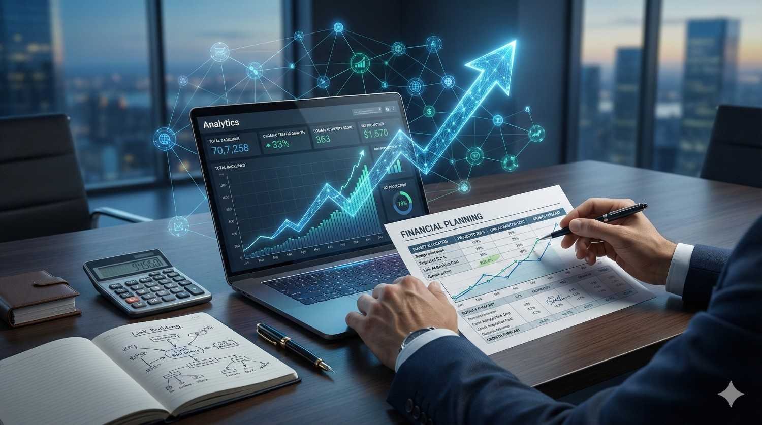 A professional reviews financial planning documents at a desk while a laptop displays rising analytics charts and revenue metrics. A glowing digital network and upward arrow overlay symbolize business growth, increased traffic, and improved performance in a modern office setting.