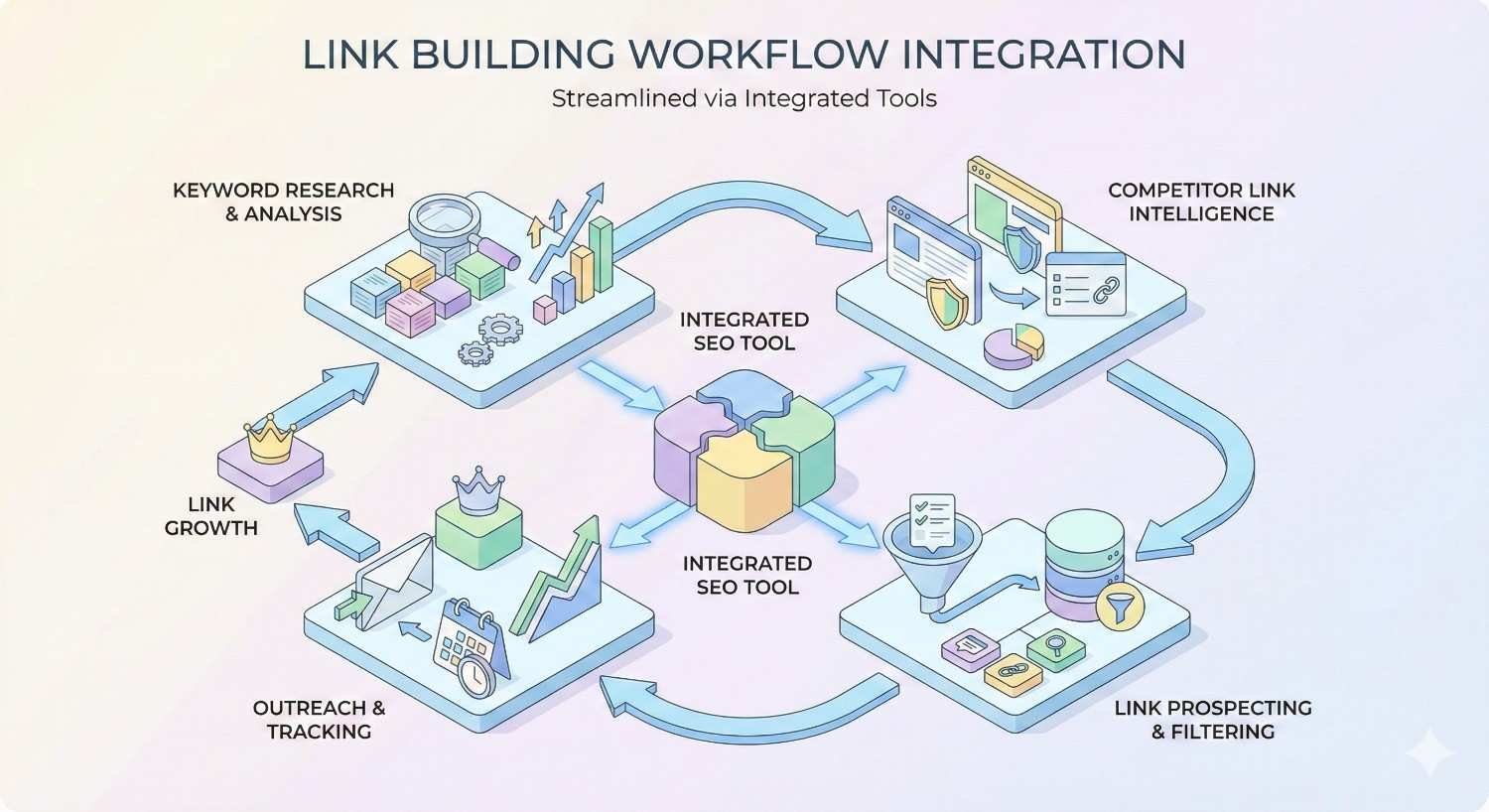 Diagram titled “Link Building Workflow Integration” showing an integrated SEO tool connecting keyword research, competitor link intelligence, link prospecting and filtering, outreach and tracking, and link growth, arranged in a circular process with arrows and pastel isometric panels representing streamlined, connected optimization tools.