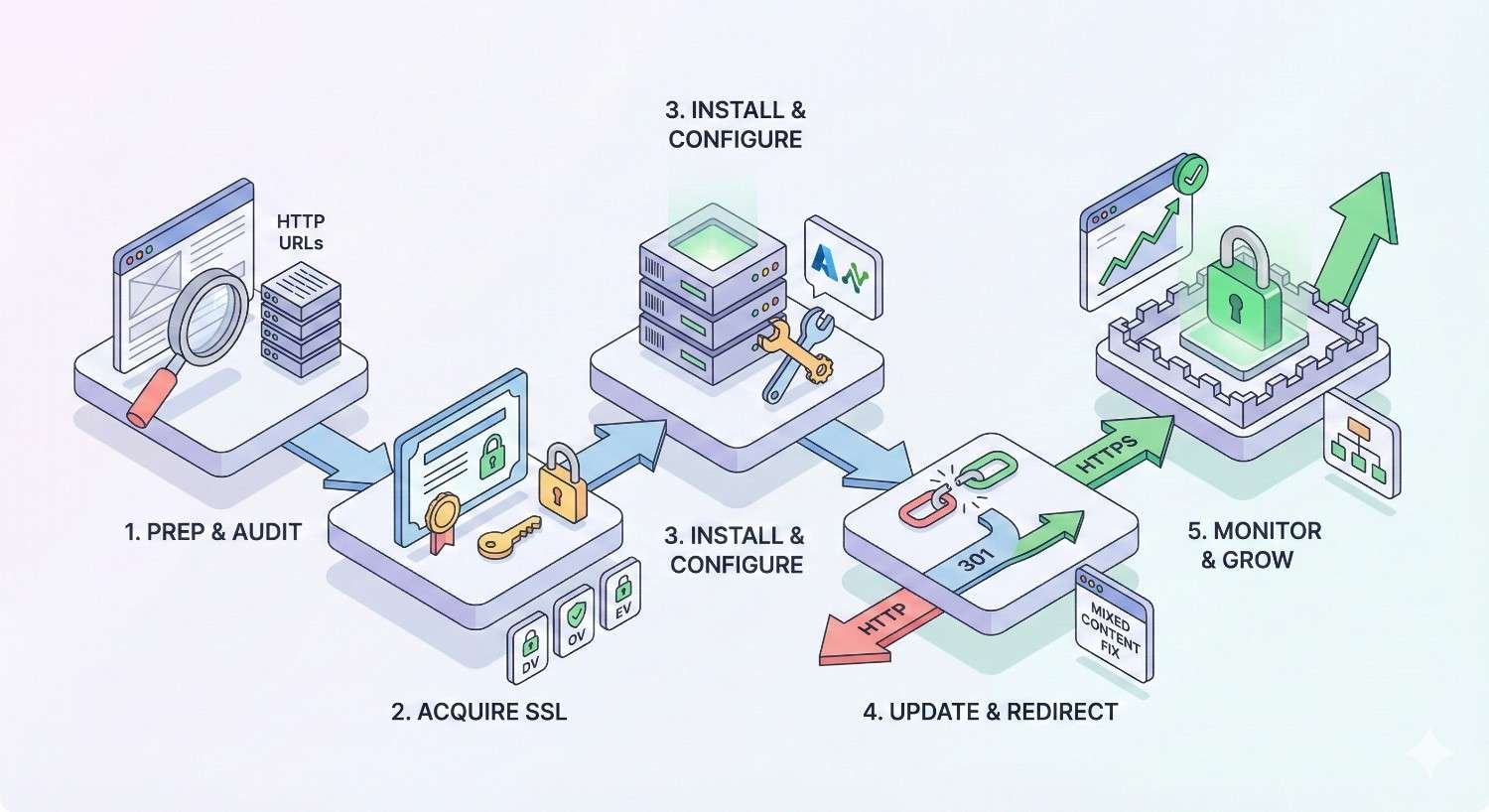 Step-by-step infographic showing HTTPS migration process: prep and audit HTTP URLs, acquire SSL certificate, install and configure on server, update links and set 301 redirects, fix mixed content, then monitor performance and growth with improved security and rankings.
