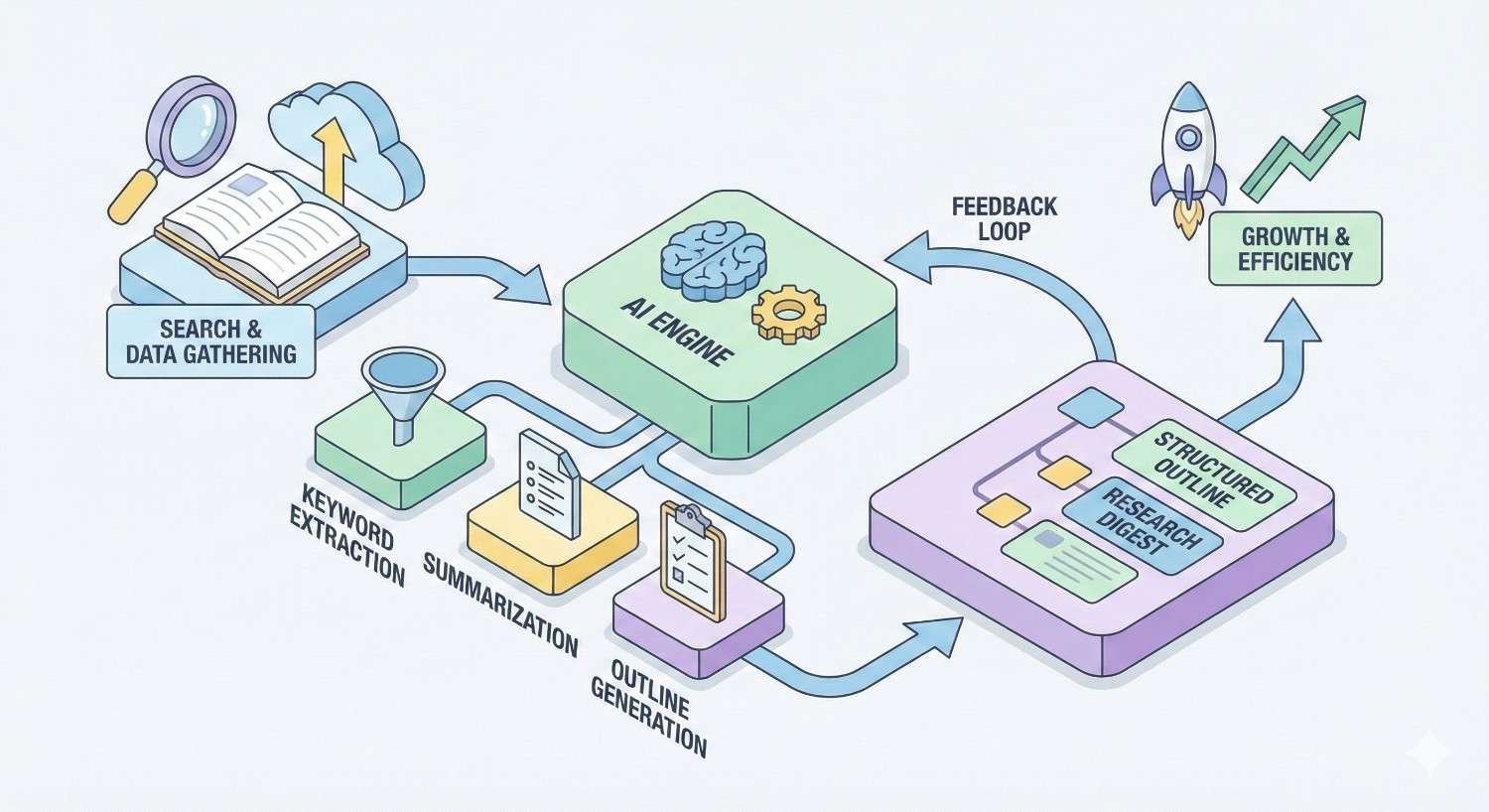 An illustrated AI content workflow shows search and data gathering flowing into keyword extraction, summarization, and outline generation, processed by an AI engine to create structured research digests, with feedback loops leading to improved growth and efficiency icons.