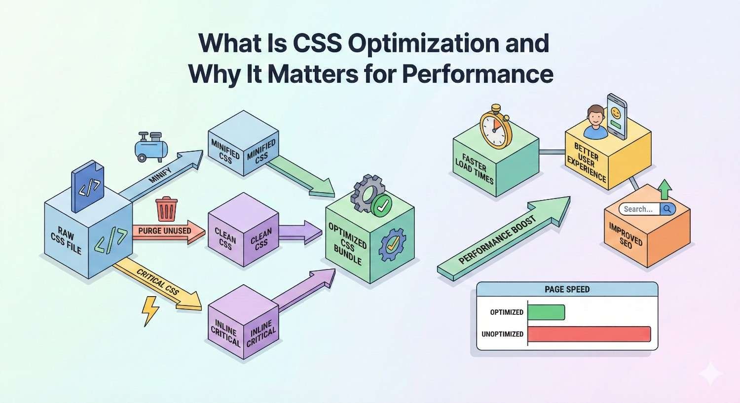 Infographic titled “What Is CSS Optimization and Why It Matters for Performance.” Shows process from raw CSS to minified, cleaned, and optimized bundles with critical CSS inlining. Highlights faster load times, better user experience, improved SEO, and page speed comparison between optimized and unoptimized sites.