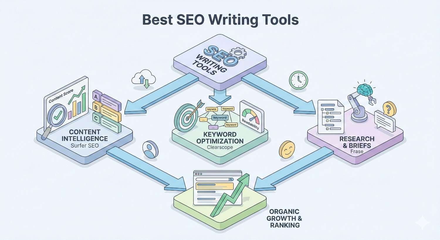 An infographic titled “Best SEO Writing Tools” shows SEO software feeding content intelligence, keyword optimization, and research briefs, leading to organic growth and rankings, with arrows connecting dashboards, target icons, reports, and AI tools in a circular workflow.