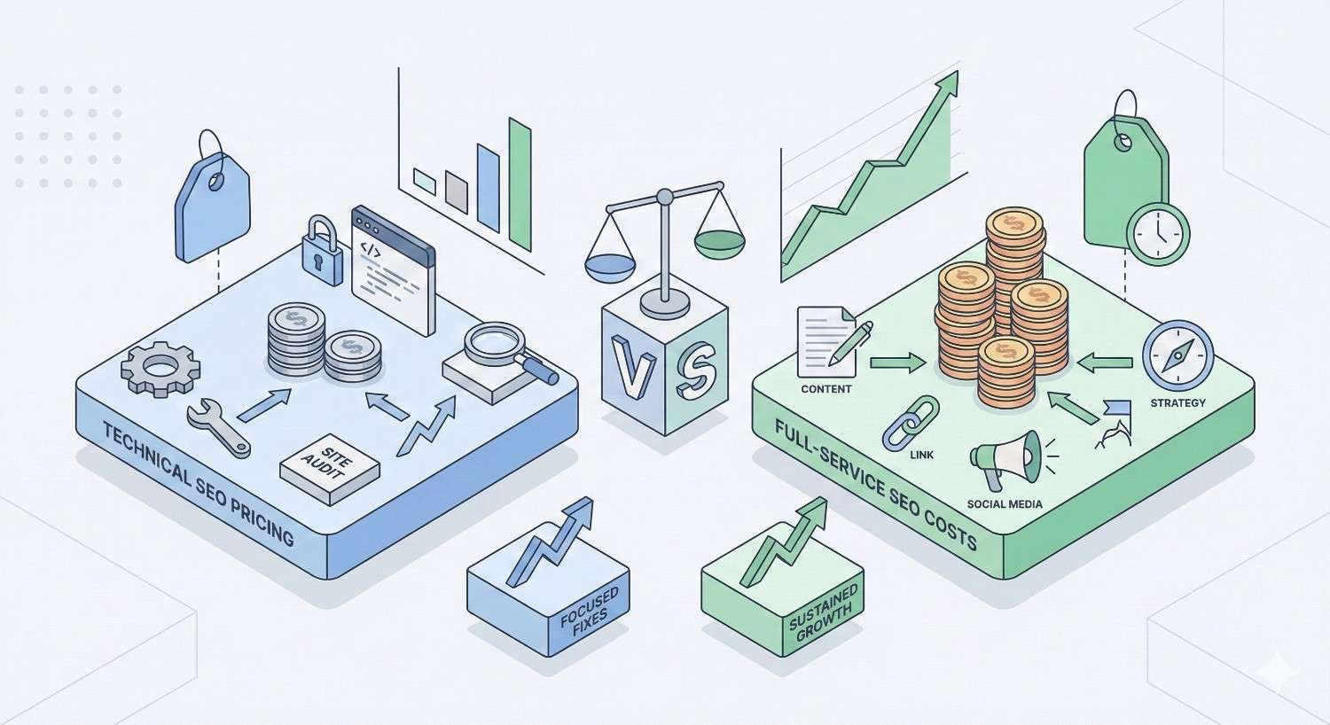 Isometric comparison illustration showing technical SEO pricing versus full-service SEO costs, with tools, audits, and fixes on one side and content, links, social media, and strategy on the other, highlighting focused fixes versus sustained growth, cost balance, and ROI outcomes.