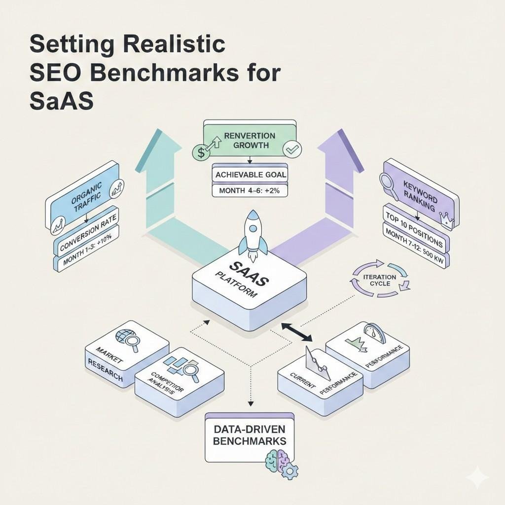 Infographic about setting realistic SEO benchmarks for SaaS. It shows a SaaS platform using data-driven benchmarks, market and competitor research, and iteration cycles to track organic traffic, conversion rates, keyword rankings, and achievable revenue growth goals over time.