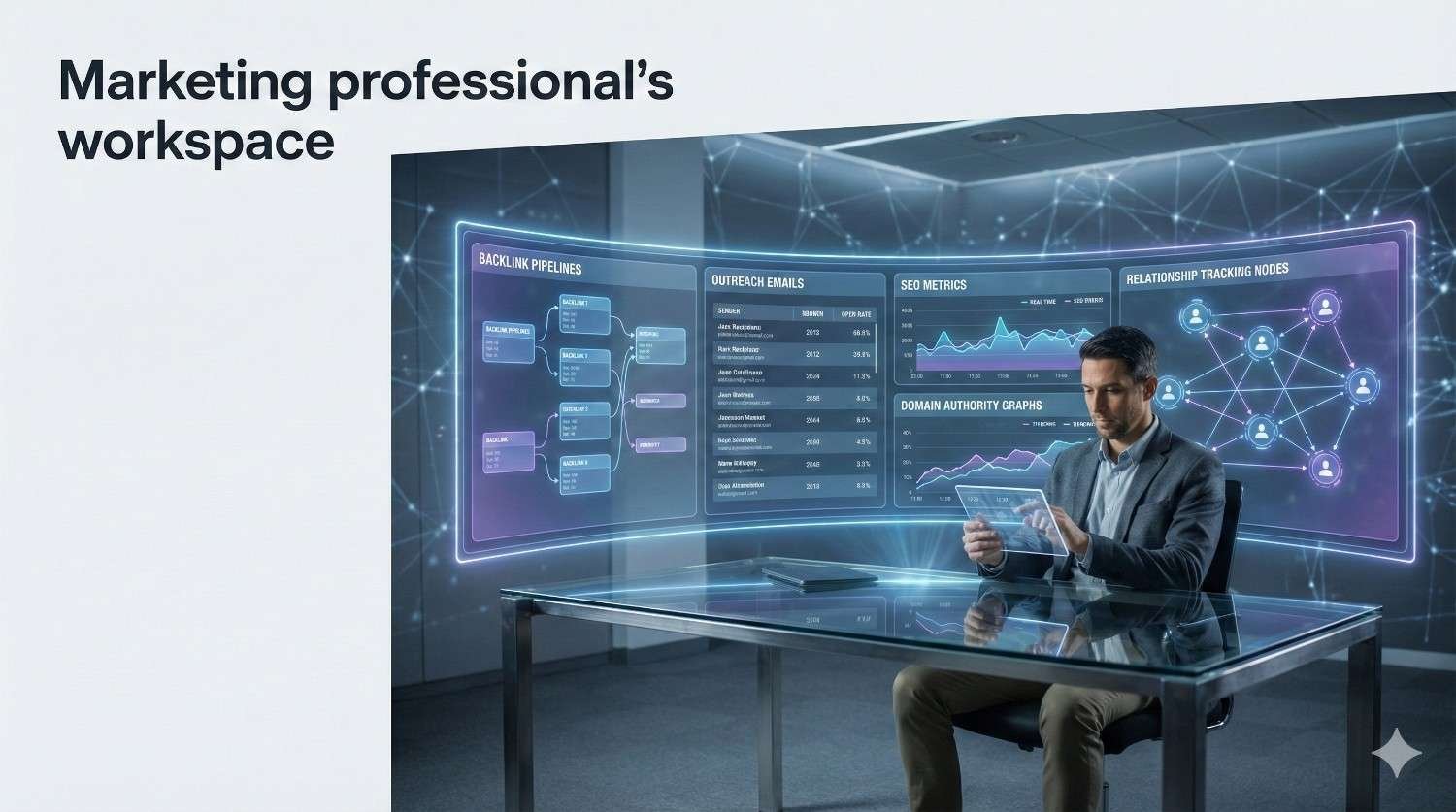 Marketing professional seated at a glass desk in a futuristic office, using a tablet while large transparent screens display backlink pipelines, outreach emails, SEO metrics, domain authority graphs, and relationship networks, with glowing digital connections surrounding the workspace.