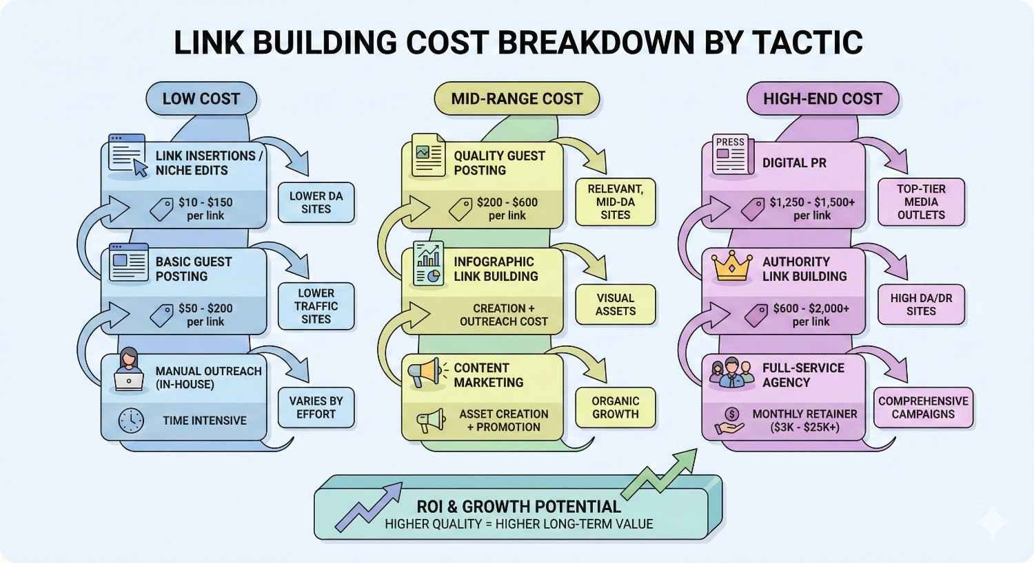 Infographic titled “Link Building Cost Breakdown by Tactic” comparing low-cost options like link insertions and basic guest posts, mid-range tactics like quality guest posting and content marketing, and high-end strategies like digital PR and authority link building, highlighting ROI and long-term growth potential.