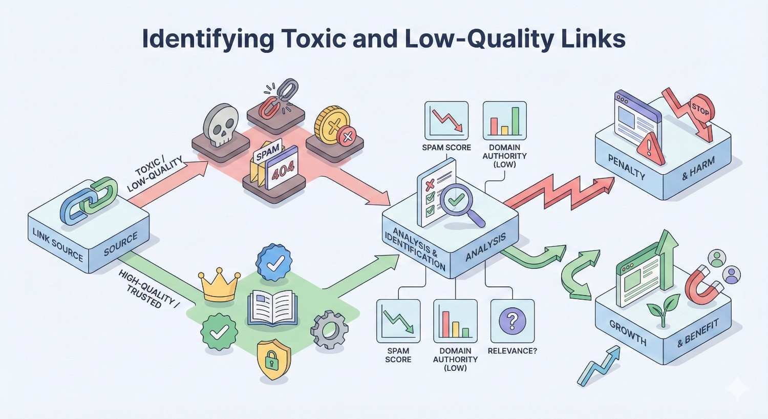 Infographic titled “Identifying Toxic and Low-Quality Links” showing analysis of link sources using spam score, domain authority, and relevance. It contrasts toxic links leading to penalties and harm with high-quality, trusted links that drive growth and SEO benefits.