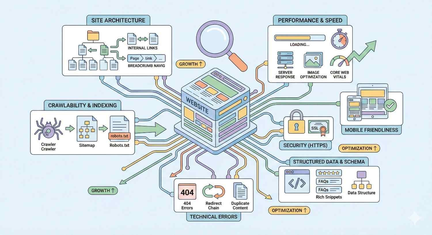Comprehensive technical SEO diagram showing a website connected to site architecture, internal linking, crawlability and indexing, performance and Core Web Vitals, mobile friendliness, HTTPS security, structured data, and technical error fixes, illustrating how optimization across these areas drives growth and search visibility.