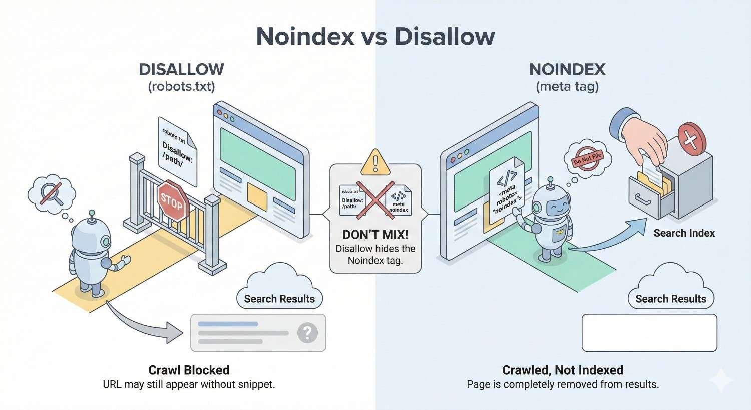 Infographic comparing disallow and noindex, showing disallow in robots.txt blocking crawling while URLs may still appear in search results, and noindex meta tags allowing crawling but fully removing pages from search results, with a warning not to mix both methods.
