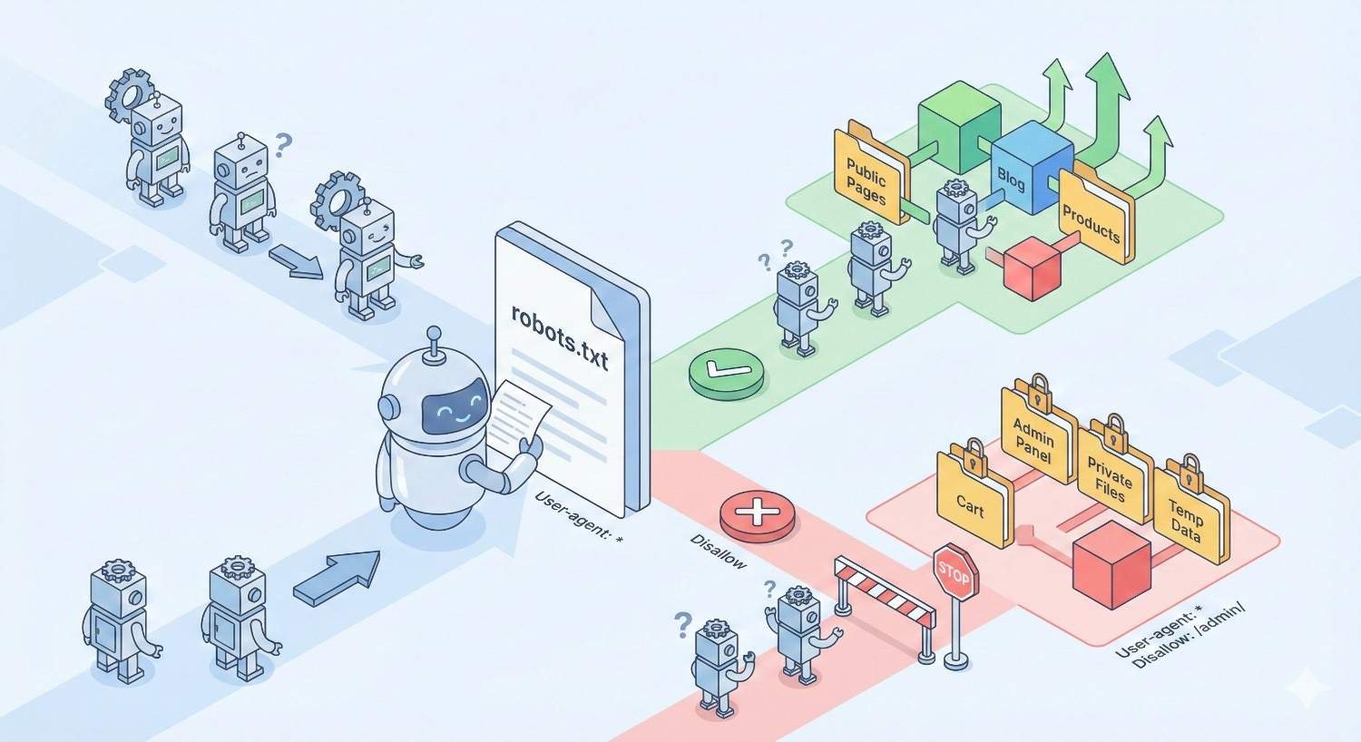 llustration explaining robots.txt usage, showing search engine bots reading robots.txt rules to allow crawling of public pages like blog and products, while disallowing access to admin panels, carts, private files, and temporary data to control indexing and site visibility.