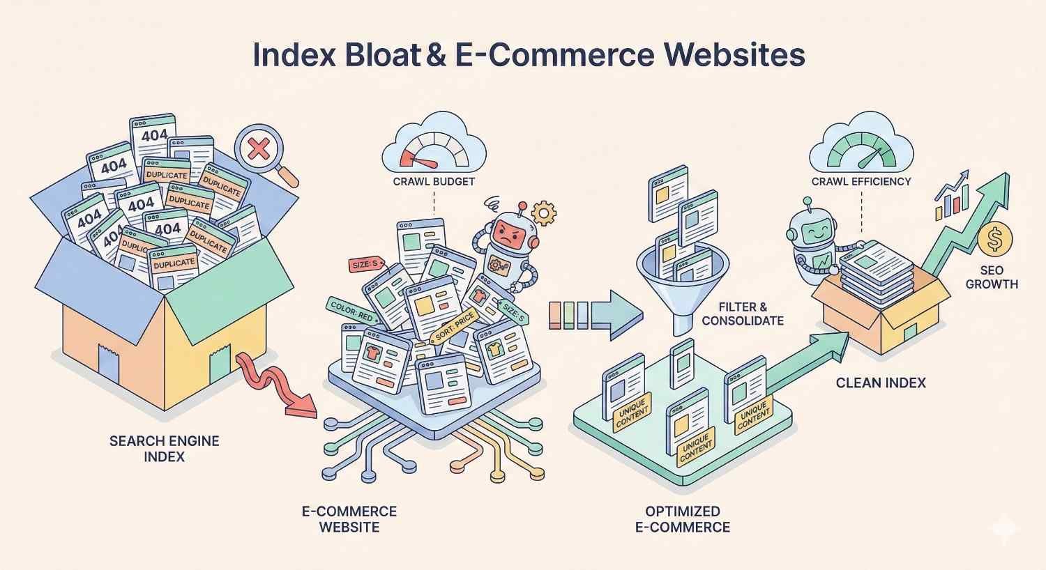 Infographic showing index bloat in e-commerce websites, with duplicate, parameter, and error pages filling the search index and wasting crawl budget, contrasted with filtering and consolidating pages to create a clean index, improved crawl efficiency, and stronger SEO growth.