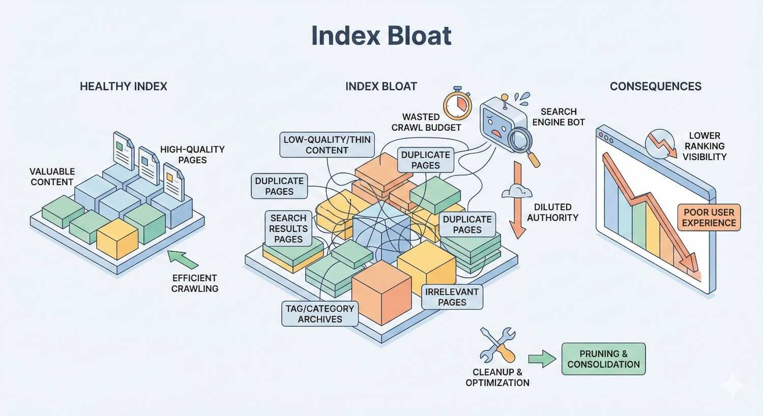 Infographic explaining index bloat, comparing a healthy index of valuable, high-quality pages with an index bloated by duplicate, thin, irrelevant, and archive pages, showing wasted crawl budget, diluted authority, and consequences like lower rankings and poor user experience, with pruning and optimization as solutions.