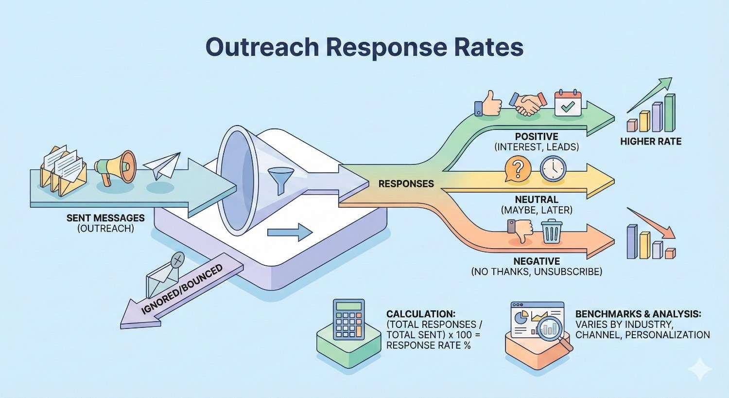 Infographic titled “Outreach Response Rates” showing sent messages filtered into responses or ignored emails, then divided into positive, neutral, and negative replies, with icons for calculations, benchmarks, and charts illustrating higher or lower performance across campaigns.