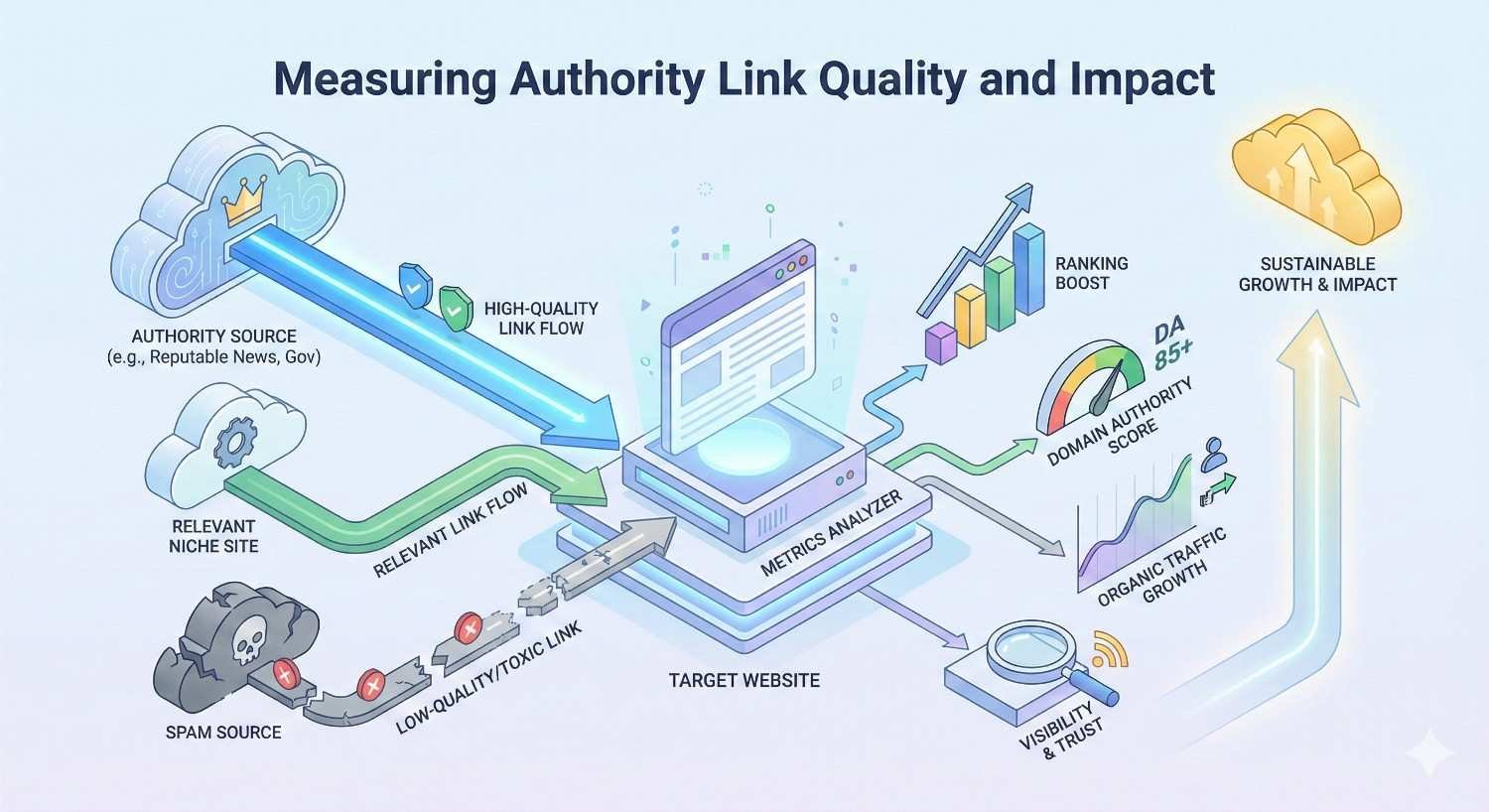 Infographic titled “Measuring Authority Link Quality and Impact” showing high-quality and relevant links flowing from trusted sources to a target website, while toxic links are blocked, leading to ranking boosts, higher domain authority, organic traffic growth, visibility, and sustainable SEO impact.