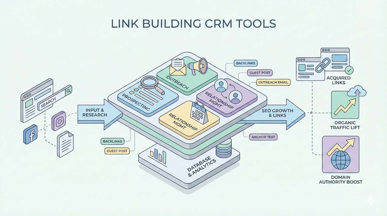 Isometric diagram titled “Link Building CRM Tools” showing input and research feeding prospecting, outreach, and relationship management modules above a database and analytics layer, leading to acquired links, organic traffic lift, and domain authority boost, with icons for backlinks, guest posts, and anchor text.