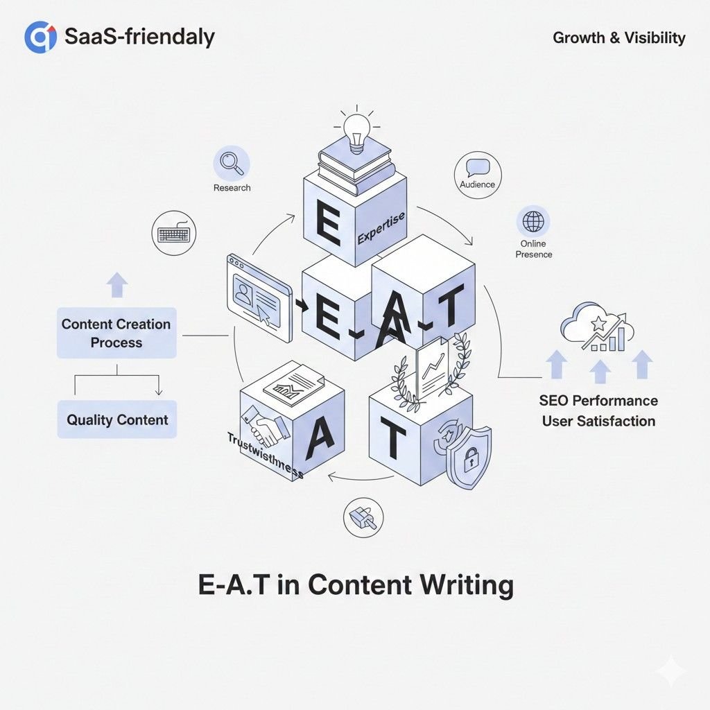 Diagram titled “E-A-T in Content Writing” shows stacked cubes labeled Expertise, Authoritativeness, and Trustworthiness connected to research, audience, online presence, SEO performance, and user satisfaction, illustrating how quality content creation improves growth and visibility for SaaS businesses.
