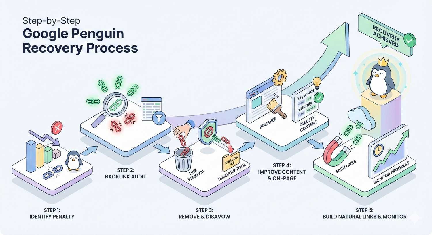 Infographic titled “Step-by-Step Google Penguin Recovery Process” showing identifying penalties, auditing backlinks, removing or disavowing links, improving content and on-page SEO, then building natural links and monitoring progress to achieve recovery.