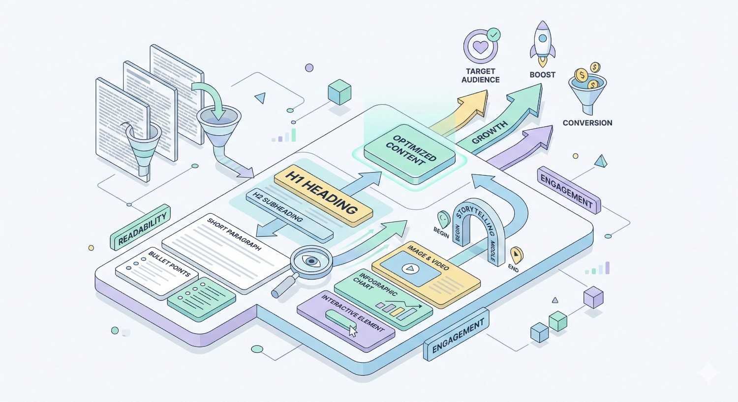 Illustration of content optimization showing headings, subheadings, readability, bullet points, storytelling, visuals, interactive elements, and optimized content flowing through funnels toward target audience, engagement, growth, and conversions, with arrows, charts, icons, and layered webpage panels representing SEO-focused structure and performance.