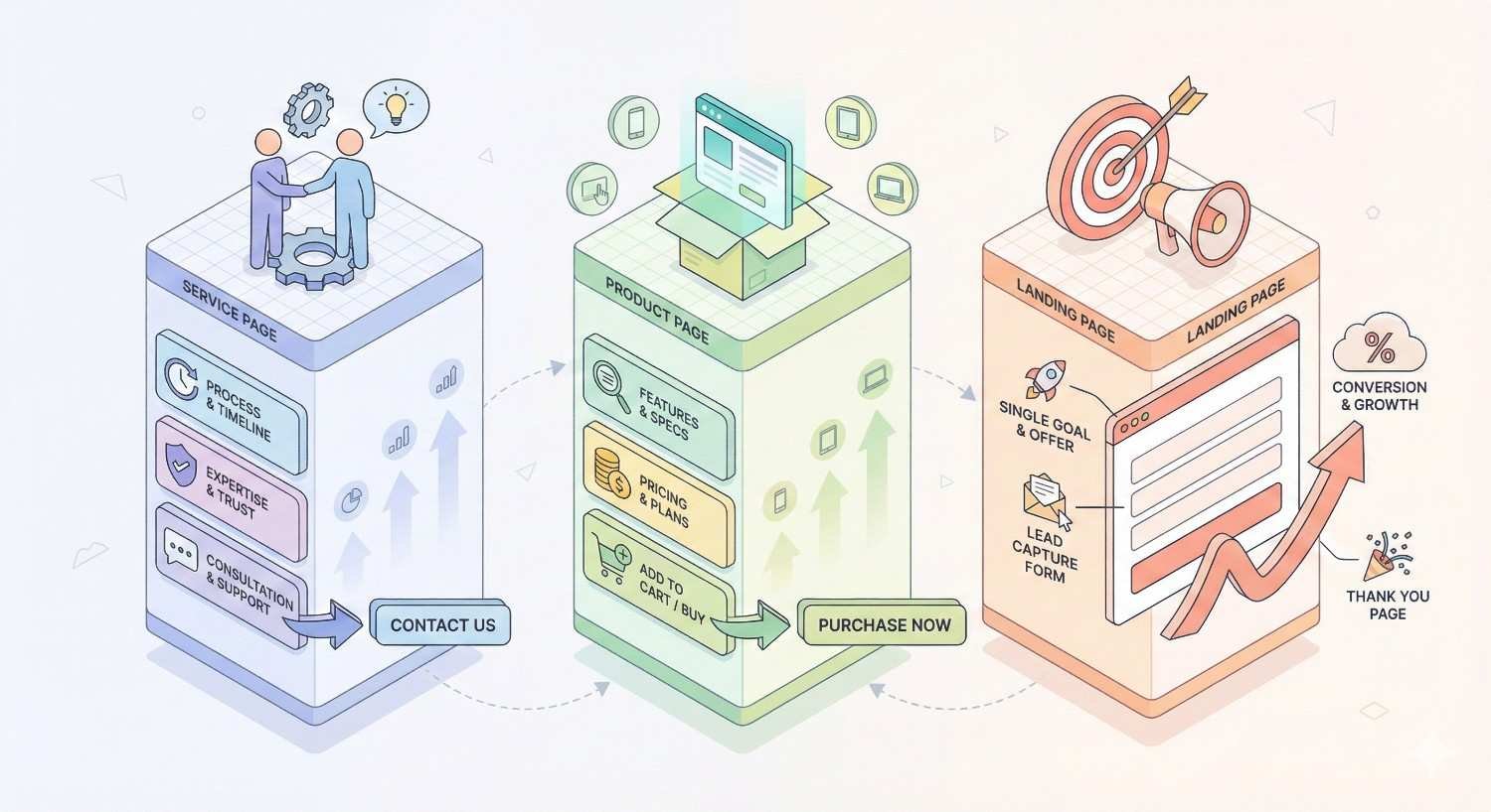 An illustrated comparison shows service pages, product pages, and landing pages, highlighting consultation and trust elements, product features and pricing with purchase buttons, and single-goal landing pages with lead forms, all driving conversion growth and follow-up thank-you pages.