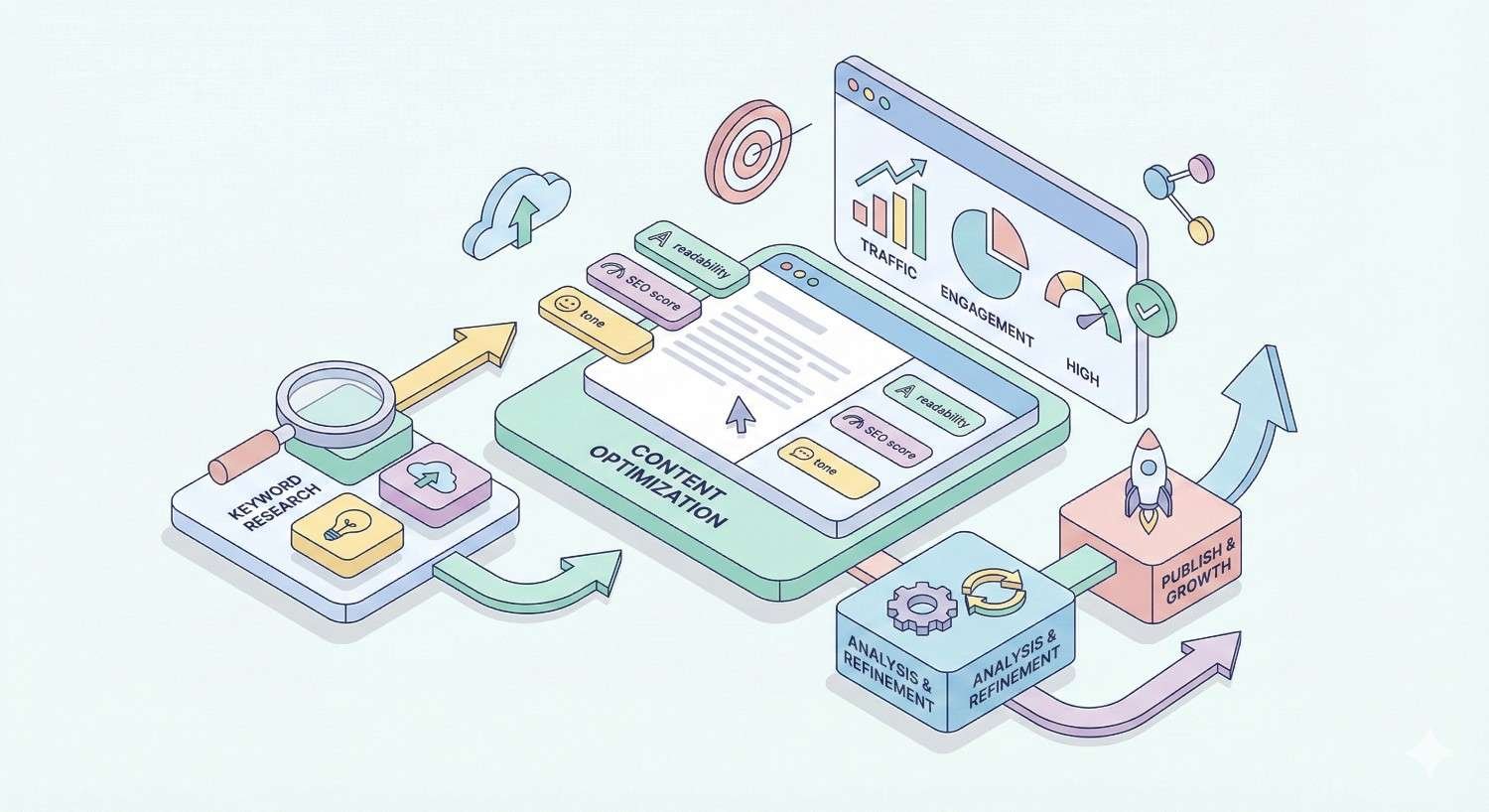 An illustrated SEO cycle shows keyword research feeding content optimization, producing high traffic and engagement dashboards, followed by analysis and refinement, then publishing for growth, with arrows, charts, rockets, and cloud icons representing continuous improvement and performance tracking.