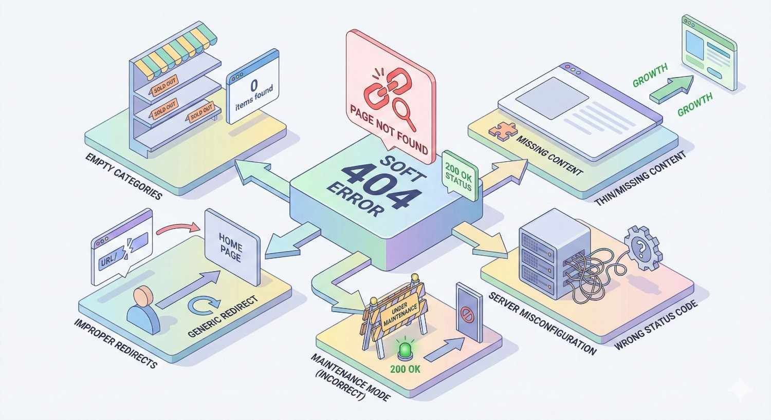 Infographic centered on “Soft 404 Error” showing causes like empty categories, improper redirects, maintenance mode, server misconfiguration, wrong status codes, and thin or missing content. Arrows illustrate how pages return 200 OK despite errors, leading to indexing issues and SEO problems.