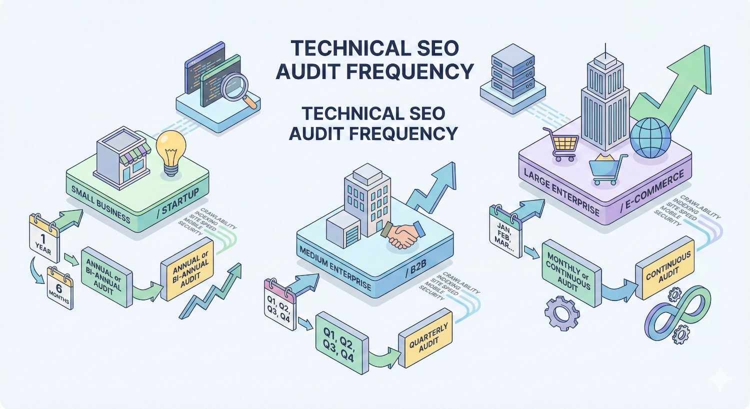 Diagram titled “Technical SEO Audit Frequency” showing recommended audit schedules by business size: startups and small businesses annually or biannually, medium enterprises quarterly, and large enterprises or e-commerce monthly or continuously, illustrated with buildings, arrows, calendars, and growth icons.