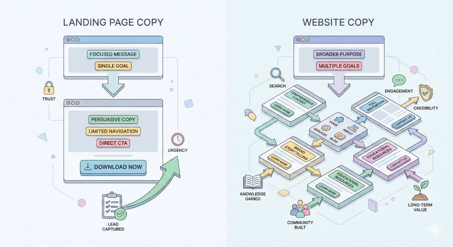 A side-by-side infographic compares landing page copy and website copy, showing focused single-goal messaging, persuasive CTAs, and lead capture versus broader purposes, multiple goals, search-driven content, engagement, credibility, community building, knowledge sharing, and long-term value.