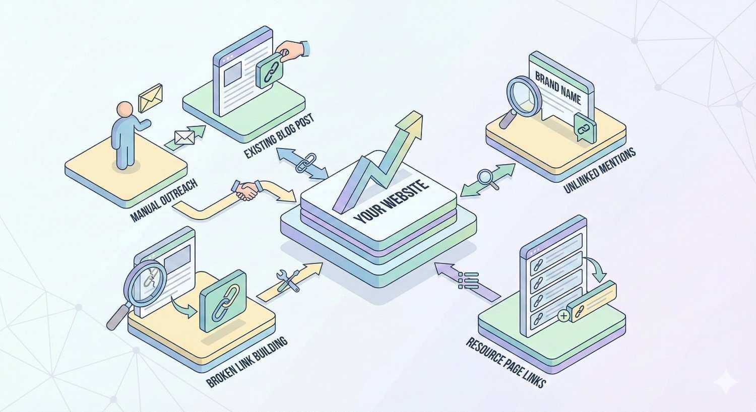 Infographic showing link-building tactics around “Your Website,” including manual outreach, adding links to existing blog posts, broken link building, converting unlinked brand mentions, and securing resource page links. Arrows point toward growth, illustrating strategies to improve authority and traffic.