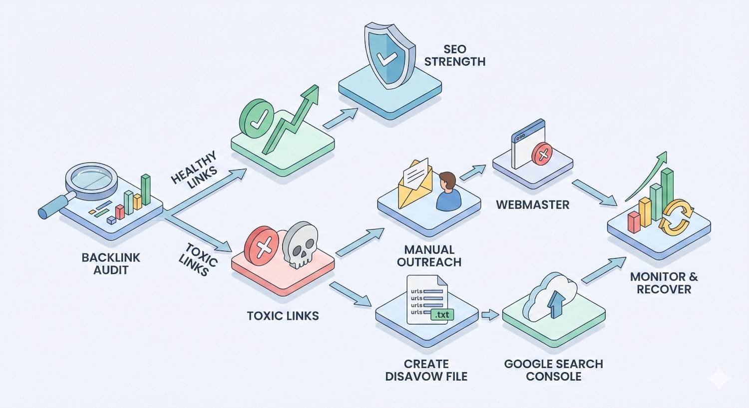 Flowchart showing backlink audit steps: separating healthy and toxic links, improving SEO strength, contacting webmasters, creating a disavow file, submitting to Google Search Console, and monitoring recovery, illustrated with charts, shields, skull icons, and upward graphs.