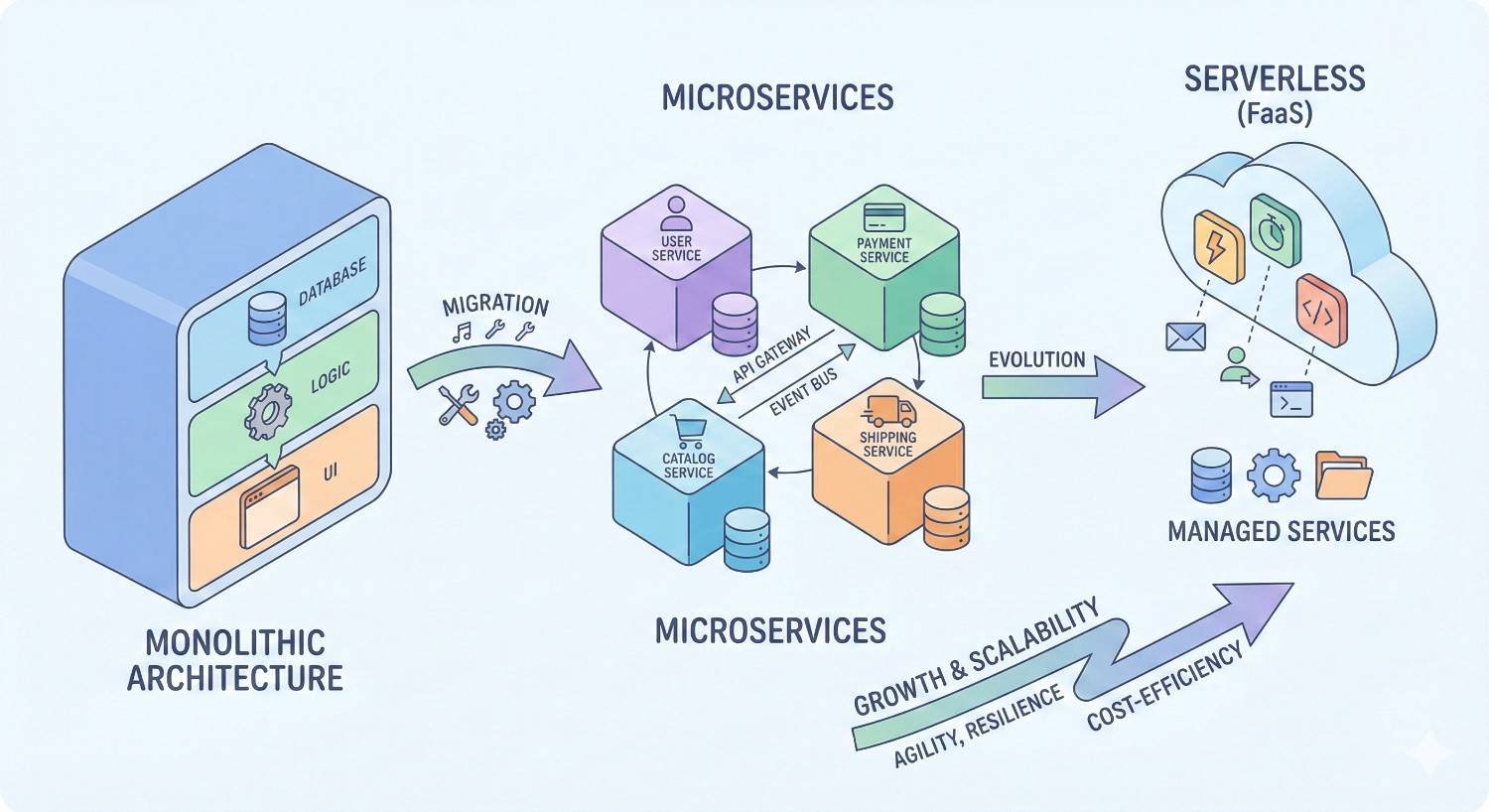 Diagram illustrating evolution from monolithic architecture (database, logic, UI) to microservices like user, payment, catalog, and shipping services connected via API gateway and event bus, then to serverless and managed services, highlighting migration, scalability, agility, resilience, cost-efficiency, and growth.
