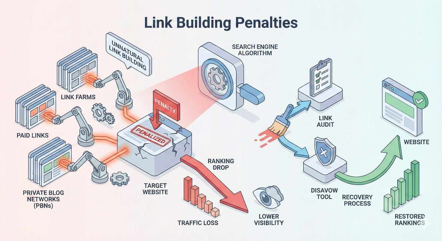 Infographic titled “Link Building Penalties” showing paid links, link farms, and PBNs causing unnatural link building, triggering search engine penalties, ranking drops, traffic loss, and lower visibility, followed by link audits, disavow tools, recovery processes, and restored website rankings.