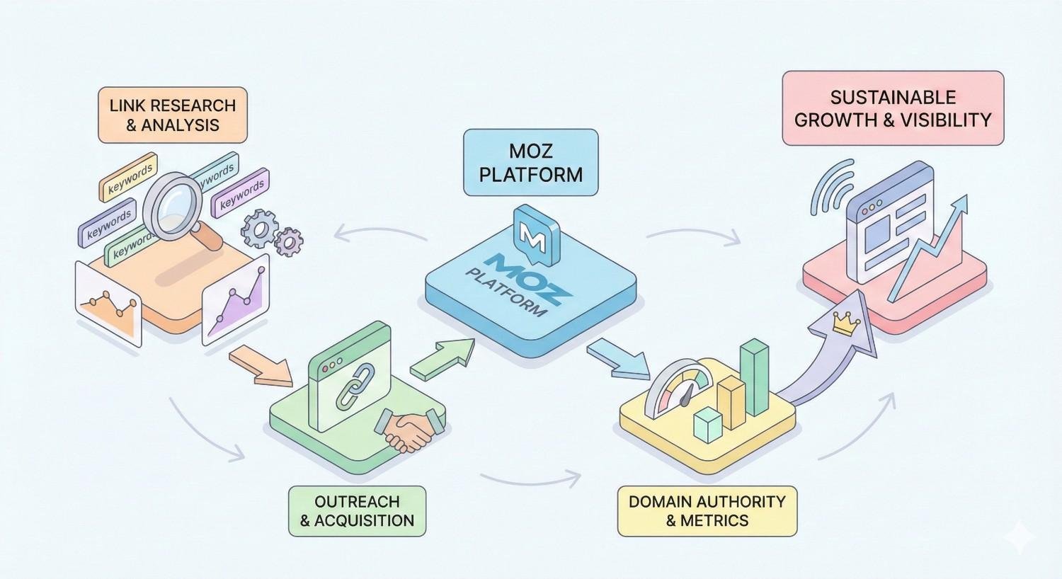 An illustrated cycle diagram shows the Moz platform connecting link research and analysis, outreach and acquisition, domain authority metrics, and sustainable growth and visibility, with arrows and icons for keywords, links, charts, and website performance improvement.