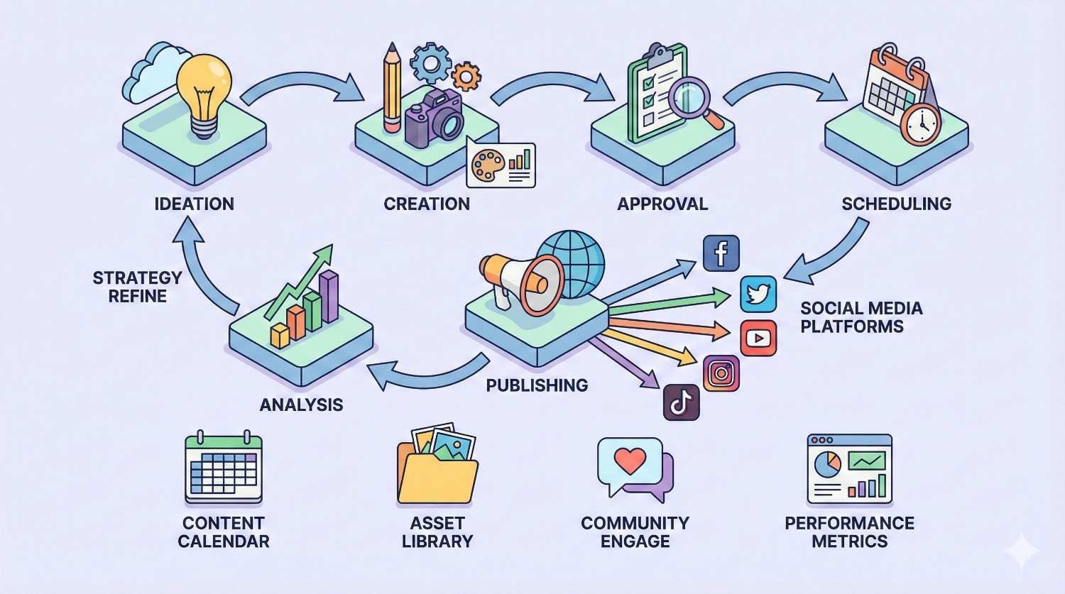 An illustrated content marketing cycle shows stages from ideation, creation, approval, and scheduling to publishing and social media platforms, followed by analysis and strategy refinement, with icons for content calendar, asset library, community engagement, and performance metrics connected by looping arrows.