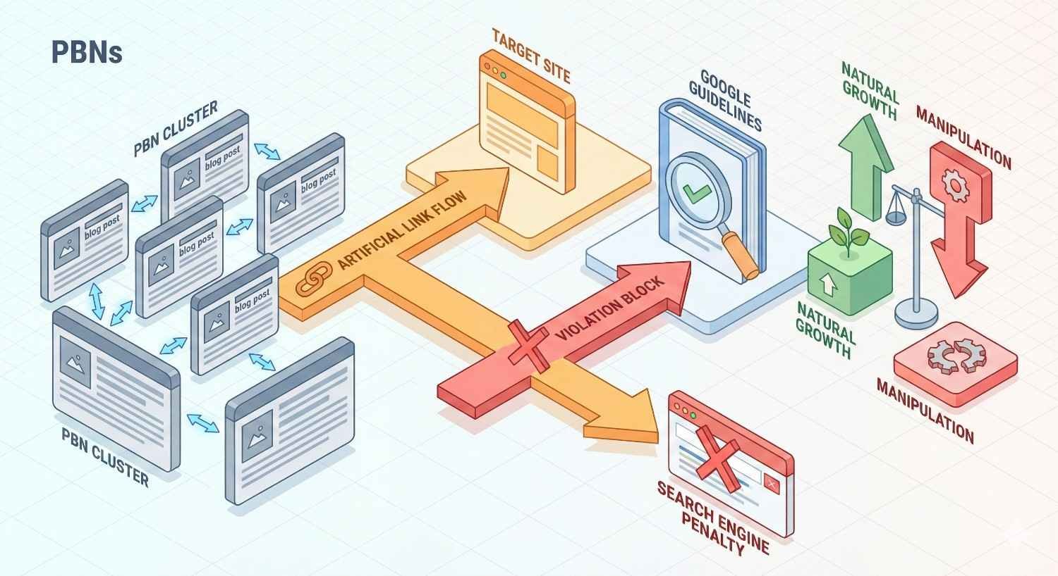 Diagram labeled “PBNs” showing clusters of blog sites sending artificial link flow to a target site, blocked by Google guidelines, leading to violation warnings and search engine penalties, contrasted with icons for natural growth versus manipulation using scales and arrows.