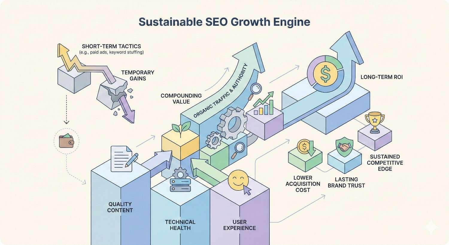 Infographic titled “Sustainable SEO Growth Engine” showing quality content, technical health, and user experience driving organic traffic and authority, compounding value into long-term ROI, lower acquisition costs, and brand trust, contrasted with short-term tactics that deliver temporary gains then decline.
