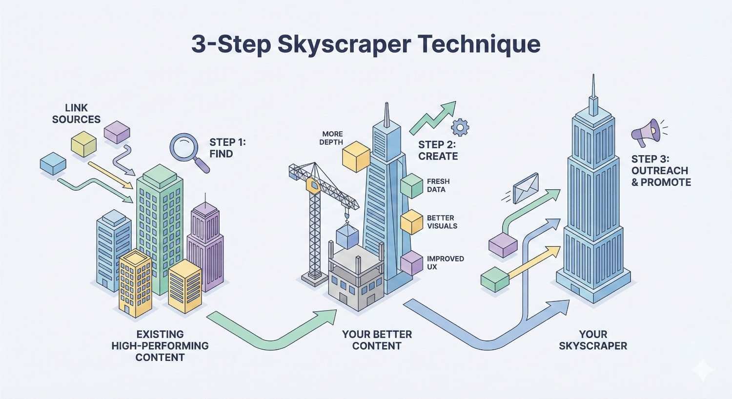 Infographic titled “3-Step Skyscraper Technique” showing: Step 1, find high-performing content and link sources; Step 2, create better content with more depth, fresh data, visuals, and improved UX; Step 3, outreach and promote to earn links, symbolized by buildings, cranes, arrows, and megaphone icons.
