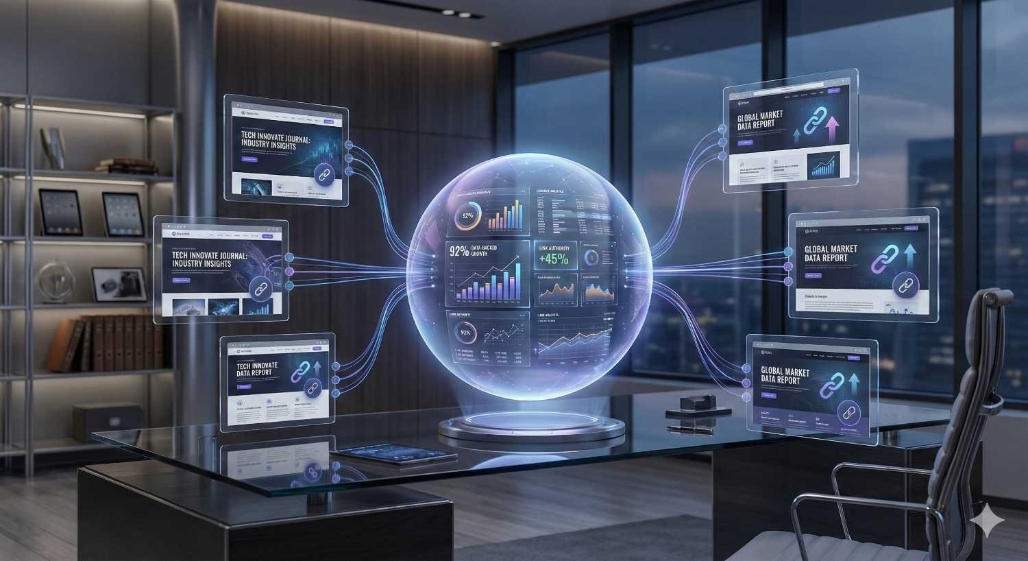 Futuristic office with a glowing holographic sphere displaying analytics dashboards at the center of a glass desk. Connected screens show global market reports and industry insights. Blue digital lines link the displays, representing data networks, backlinks, and real-time analytics driving business growth.