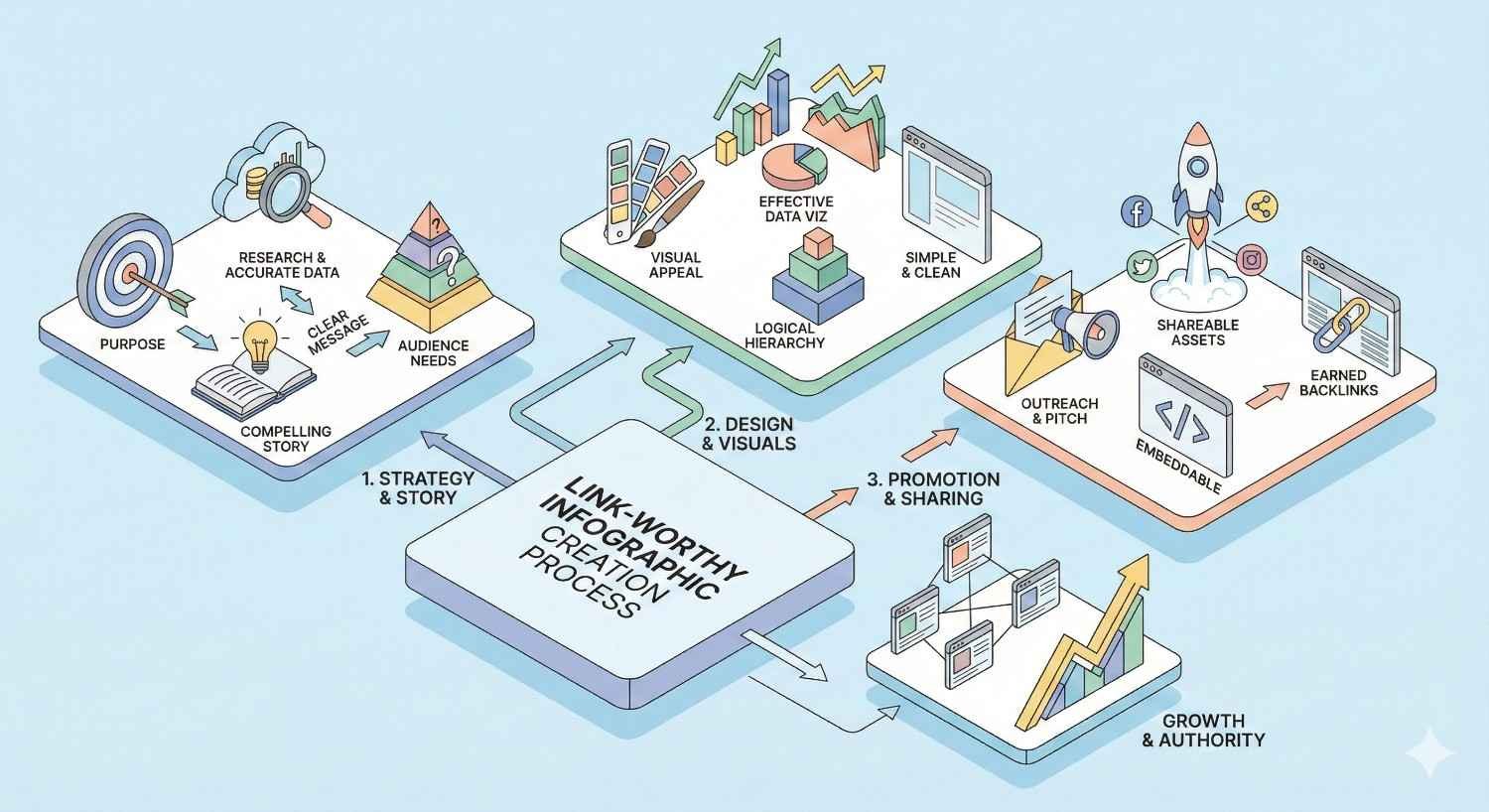 Infographic titled “Link-Worthy Infographic Creation Process” outlining strategy and story, design and visuals, promotion and sharing. Highlights research accuracy, compelling storytelling, visual appeal, logical hierarchy, outreach, shareable assets, earned backlinks, and resulting growth and authority.