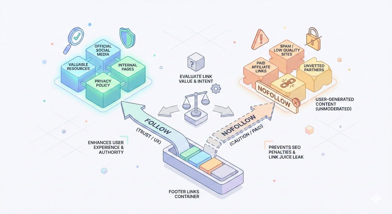 Infographic explaining follow vs nofollow footer links. Follow links point to valuable resources, official social media, internal pages, and privacy policy to build authority and trust. Nofollow applies to paid, spam, unvetted, or user-generated links to prevent SEO penalties and link equity loss.