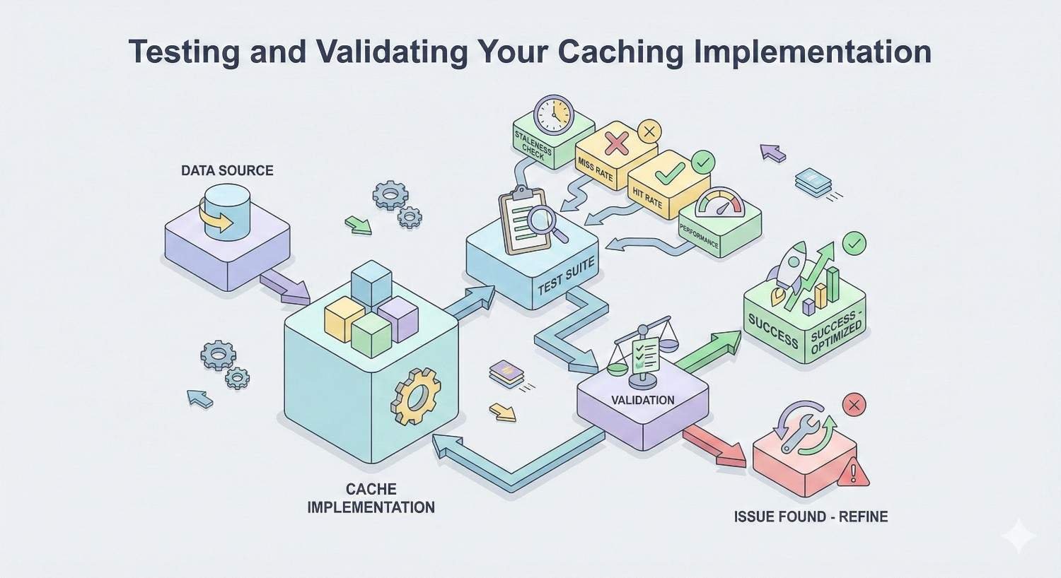 Infographic titled “Testing and Validating Your Caching Implementation” showing workflow from data source to cache implementation, test suite, and validation. Metrics like hit rate and performance are evaluated, leading to success optimization or issue refinement, illustrating continuous testing and improvement of caching systems.