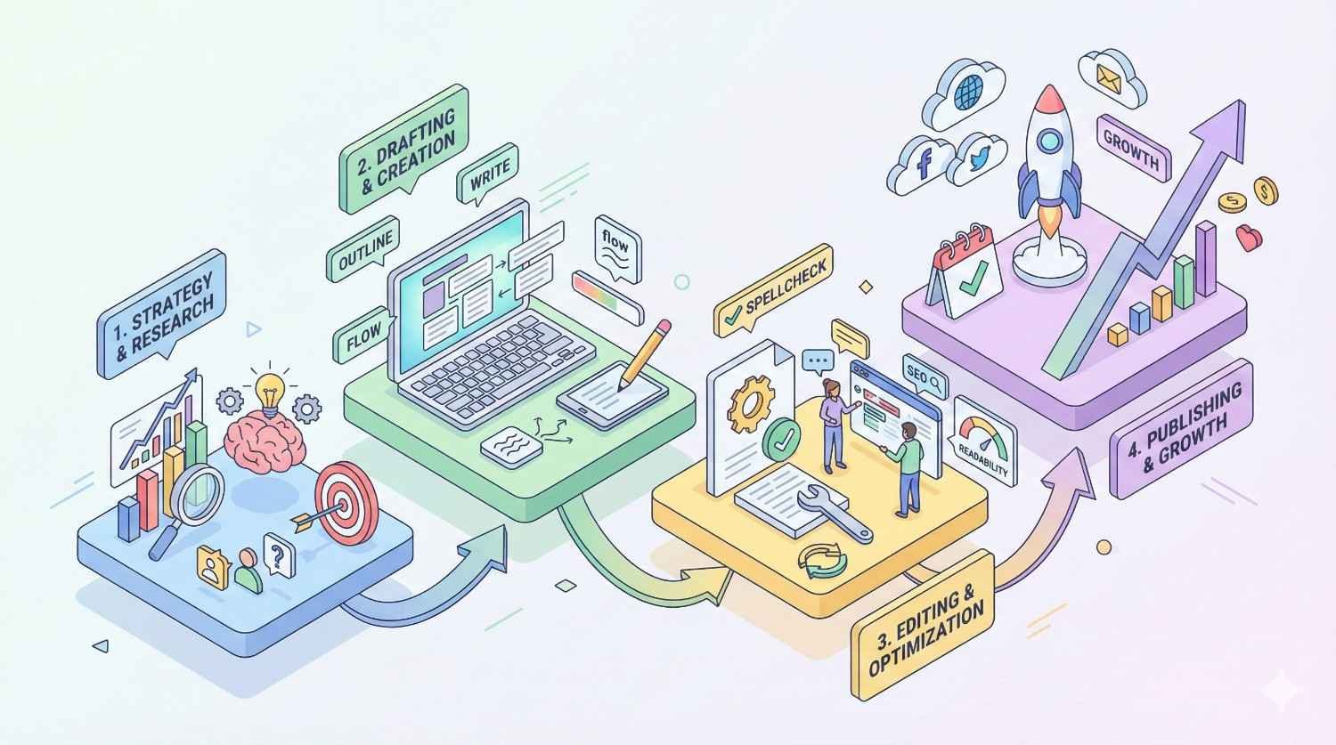 Illustrated workflow showing content creation steps: strategy and research, drafting and writing on a laptop, editing and optimization with spellcheck and SEO tools, then publishing and growth with charts, rockets, and social icons indicating performance gains and audience expansion.