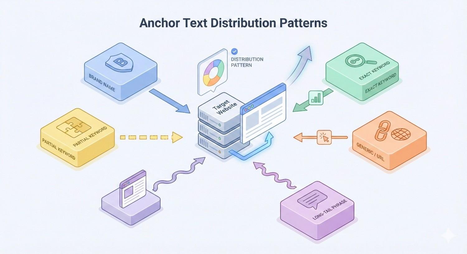 Infographic titled “Anchor Text Distribution Patterns” showing a target website in the center connected to anchor types: brand name, partial keyword, exact keyword, generic URL, and long-tail phrase. Arrows and charts illustrate distribution patterns in a clean, pastel-colored SEO diagram.