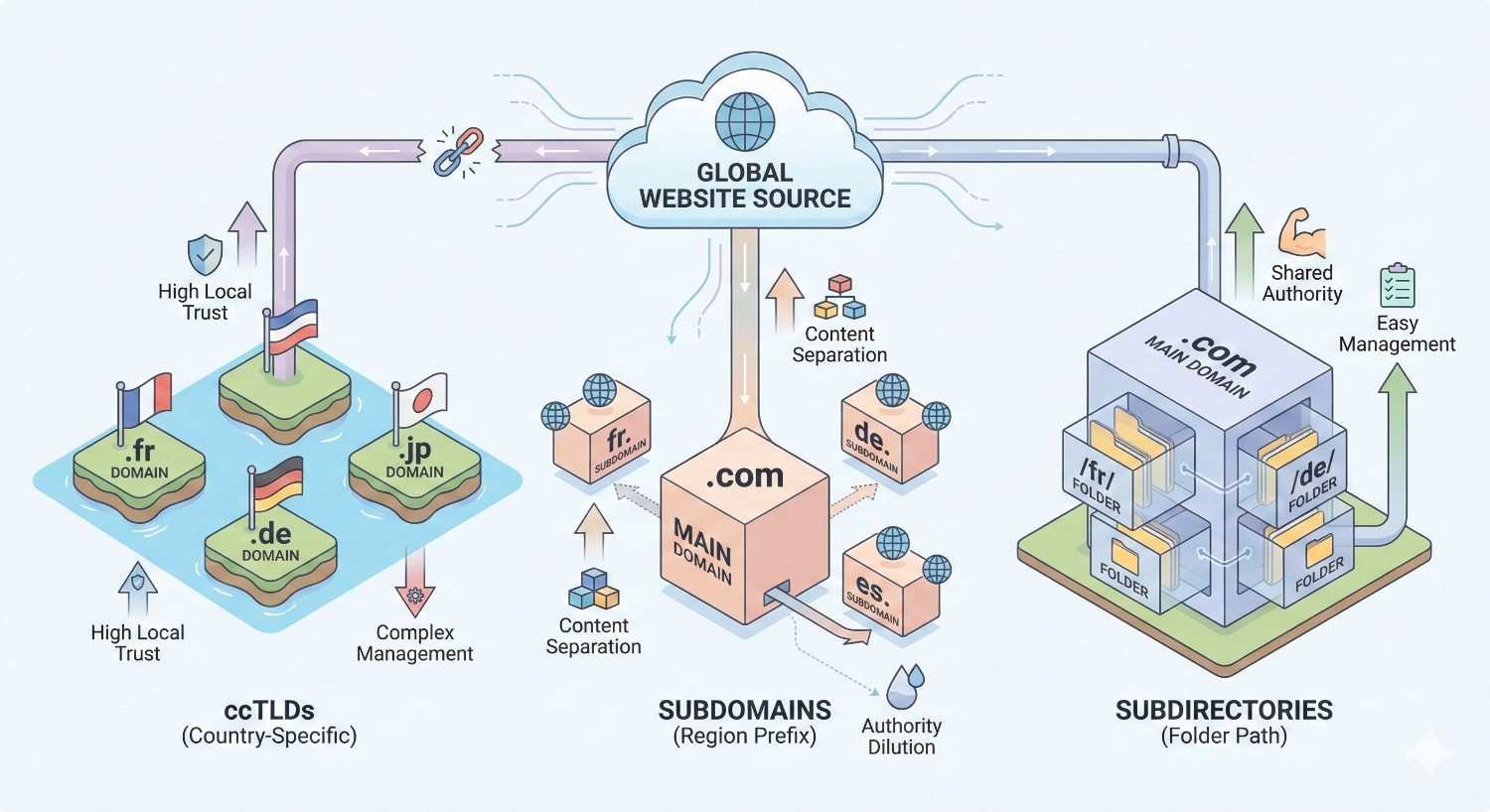 Diagram comparing international SEO structures: country-specific ccTLDs, regional subdomains, and subdirectories, showing a global website source distributing content, authority, and management trade-offs such as local trust, shared authority, complexity, and ease of management.