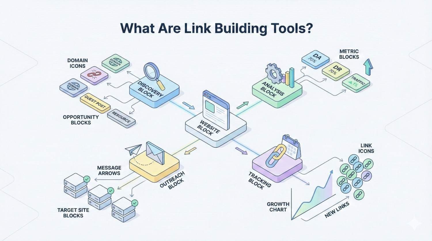 Infographic titled “What Are Link Building Tools?” showing discovery, website analysis, outreach, tracking, and metric blocks connected by arrows, plus domain icons, opportunity lists, target sites, and growth charts, illustrating how tools find prospects, evaluate links, send outreach, and track new backlinks.