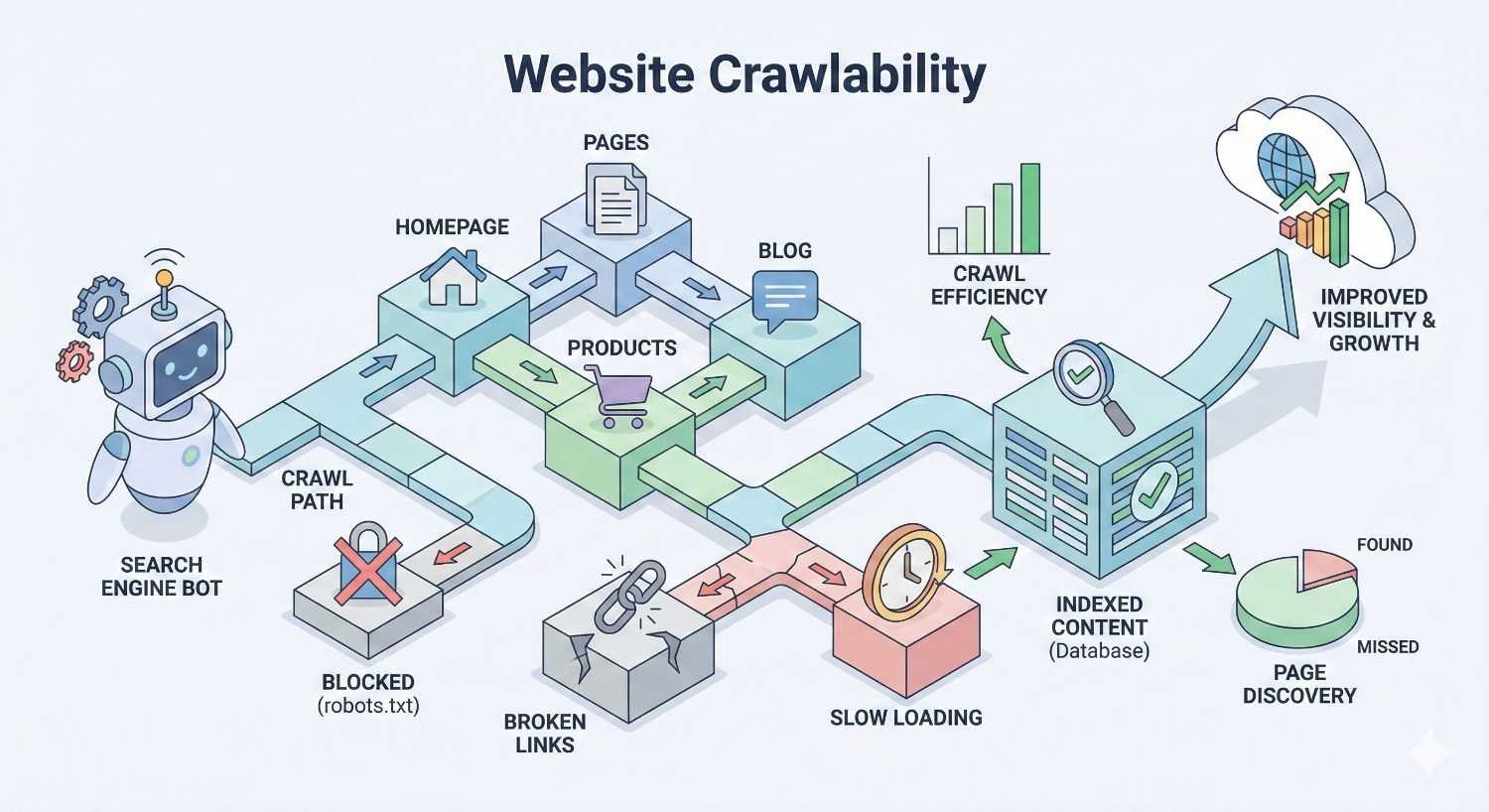 Diagram illustrating website crawlability, showing search engine bots navigating homepage, pages, products, and blog, encountering blocks, broken links, and slow loading, then reaching indexed content, with improved crawl efficiency leading to better page discovery, visibility, and organic growth.